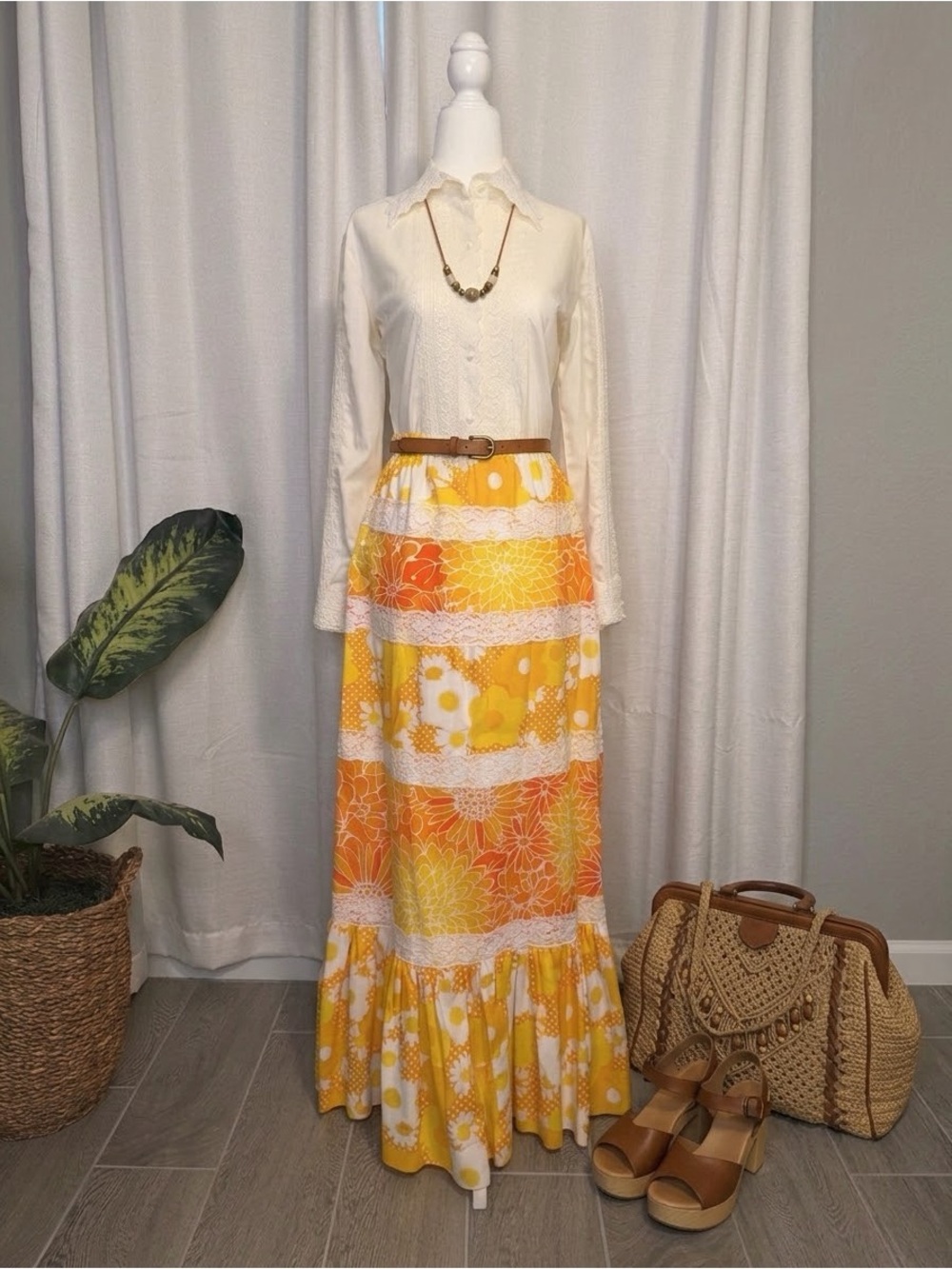 Vintage 1970s Gregg Draddy Floral Maxi Skirt - Marigold Hippie Cottagecore